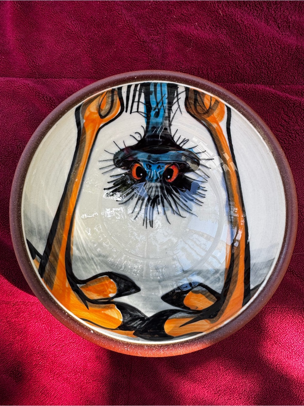 Hand-Painted Orange and Blue Ostrich Bowl